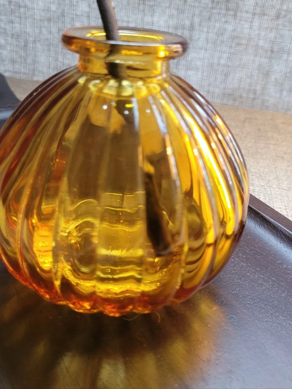 Ribbed Amber Glass Accent Vase